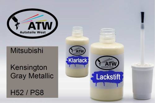 Mitsubishi, Kensington Gray Metallic, H52 / PS8: 20ml Lackstift + 20ml Klarlack - Set, von ATW Autoteile West.